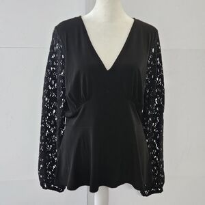 Michael Kors Size L Black Polyester Long Lacey See Through Sleeved Women's V Nec